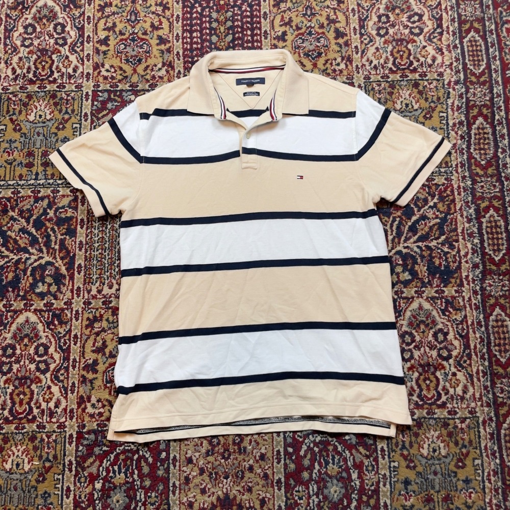 Tommy Hilfiger Men's Polo Shirt Classic Fit Beige White Navy Stripe Size L G‎